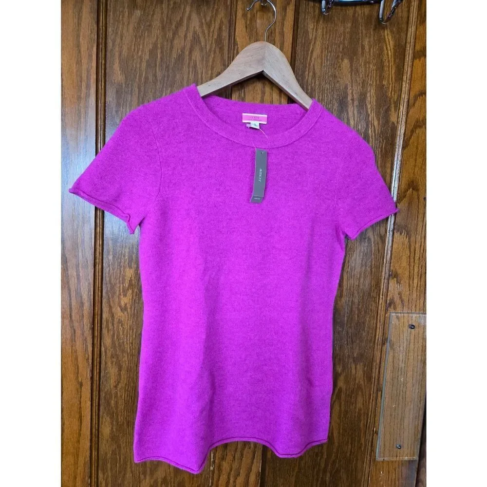J. Crew Cashmere Short-Sleeve Crewneck Sweater - Fuchsia